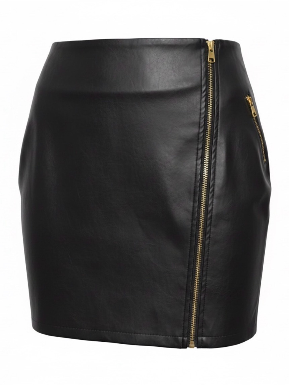 REVAMPED PLU leather stretch-back skirt with front zipper, faux pockets in black